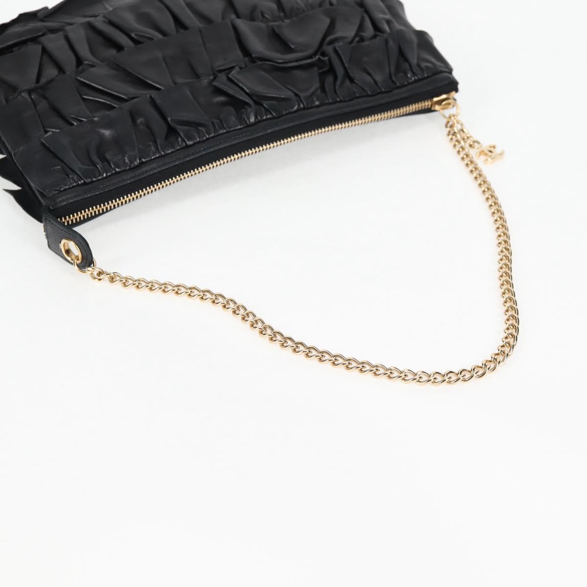 CHANEL Chain Gathered Hand Bag Lamb Skin Black Gold CC Auth yk18016AM