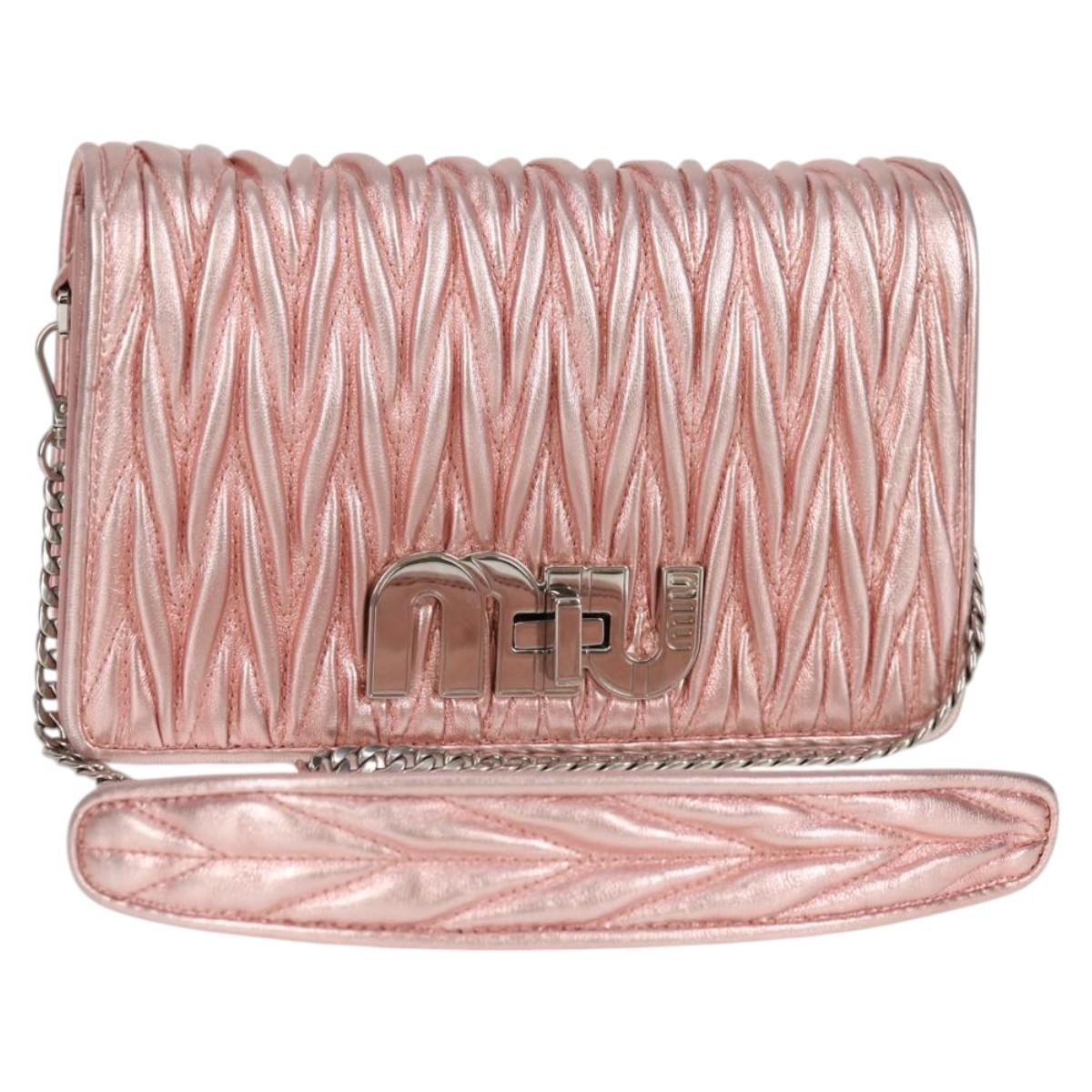 Miu Miu Matelasse Chain Shoulder Bag Leather Pink Silver 5BF069 Auth yk18111M