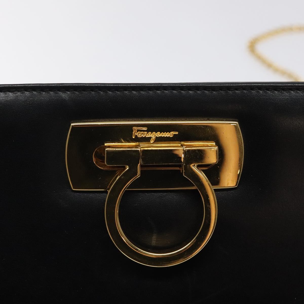 Salvatore Ferragamo Gancini Chain Shoulder Bag Leather Black Gold Auth yk18121