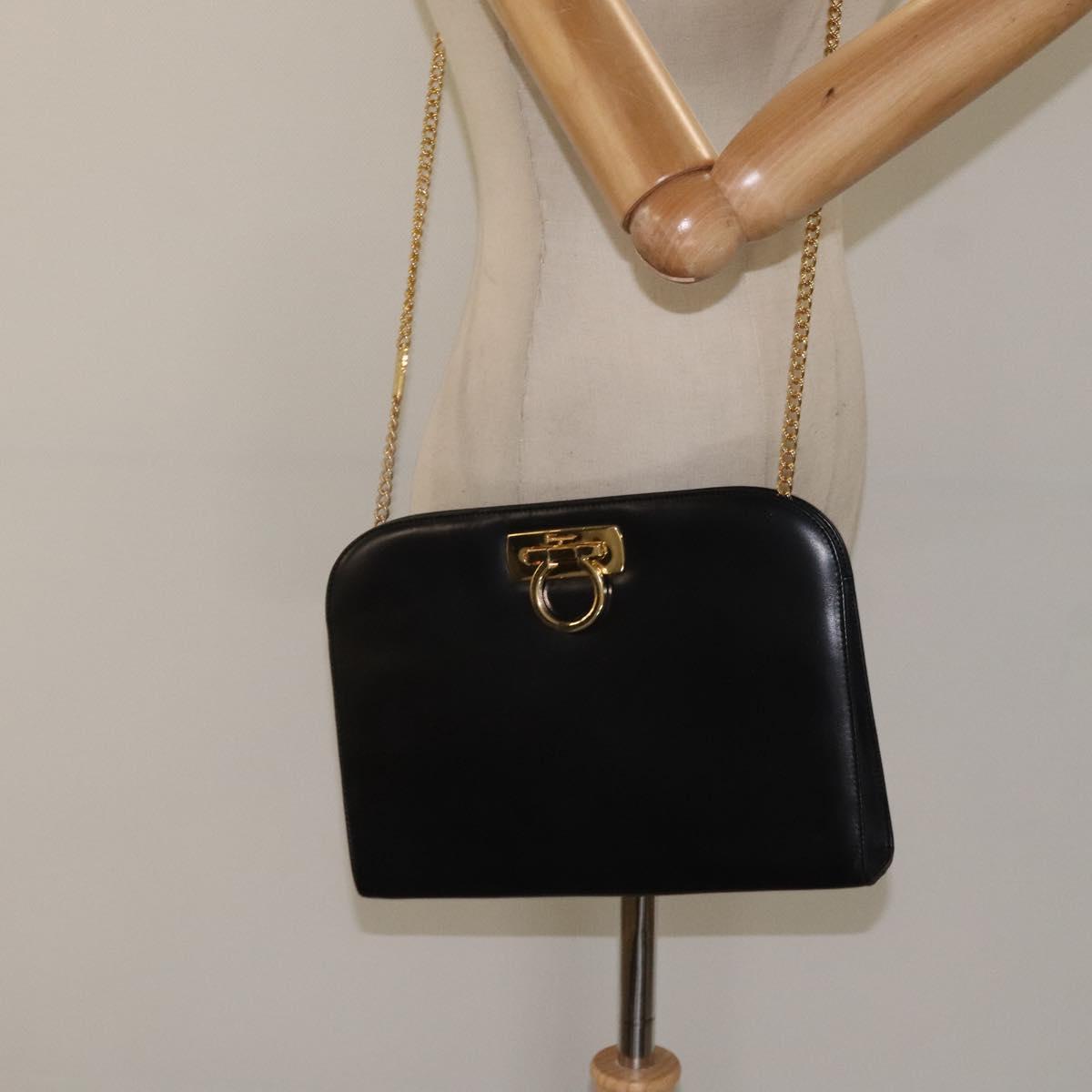 Salvatore Ferragamo Gancini Chain Shoulder Bag Leather Black Gold Auth yk18121