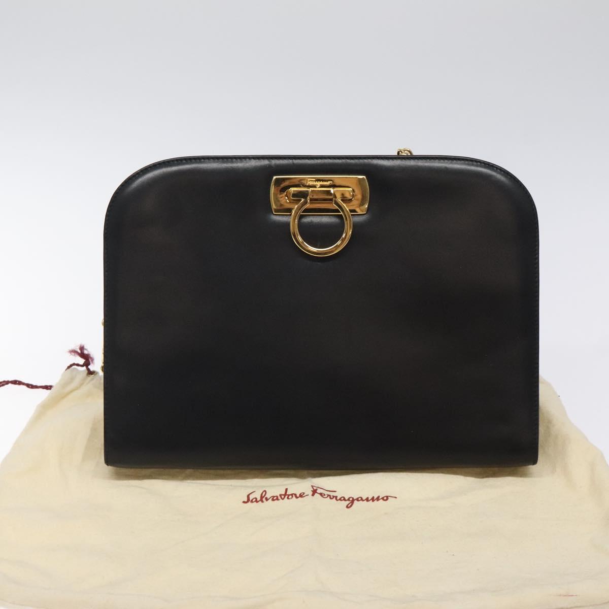 Salvatore Ferragamo Gancini Chain Shoulder Bag Leather Black Gold Auth yk18121