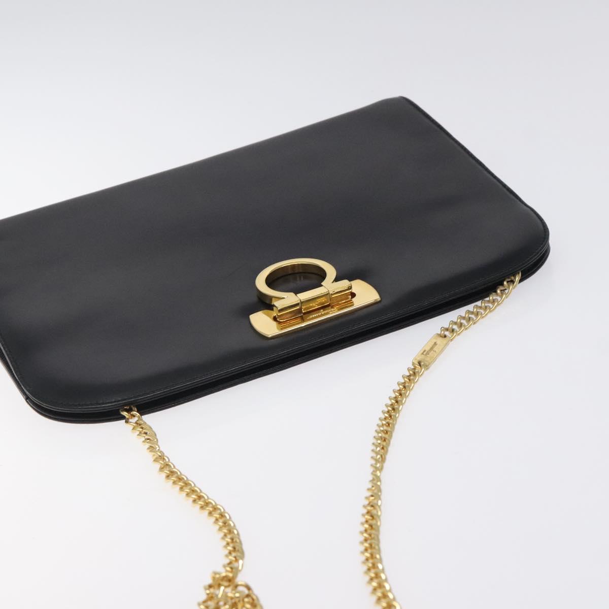Salvatore Ferragamo Gancini Chain Shoulder Bag Leather Black Gold Auth yk18121