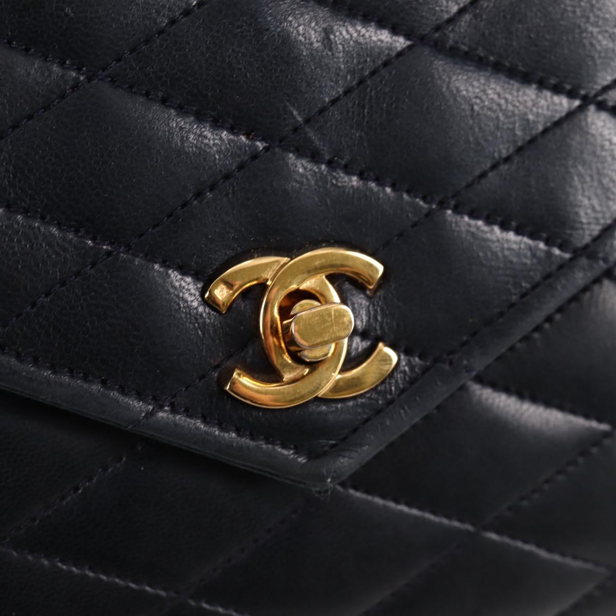 CHANEL Matelasse Hand Bag Lamb Skin Navy Gold CC Auth yk18152