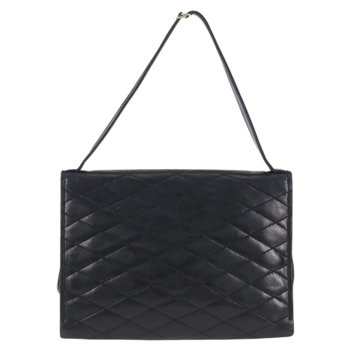 CHANEL Matelasse Hand Bag Lamb Skin Navy Gold CC Auth yk18152