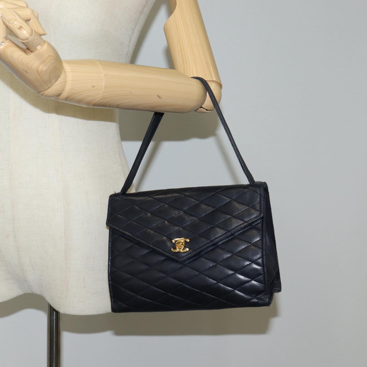 CHANEL Matelasse Hand Bag Lamb Skin Navy Gold CC Auth yk18152