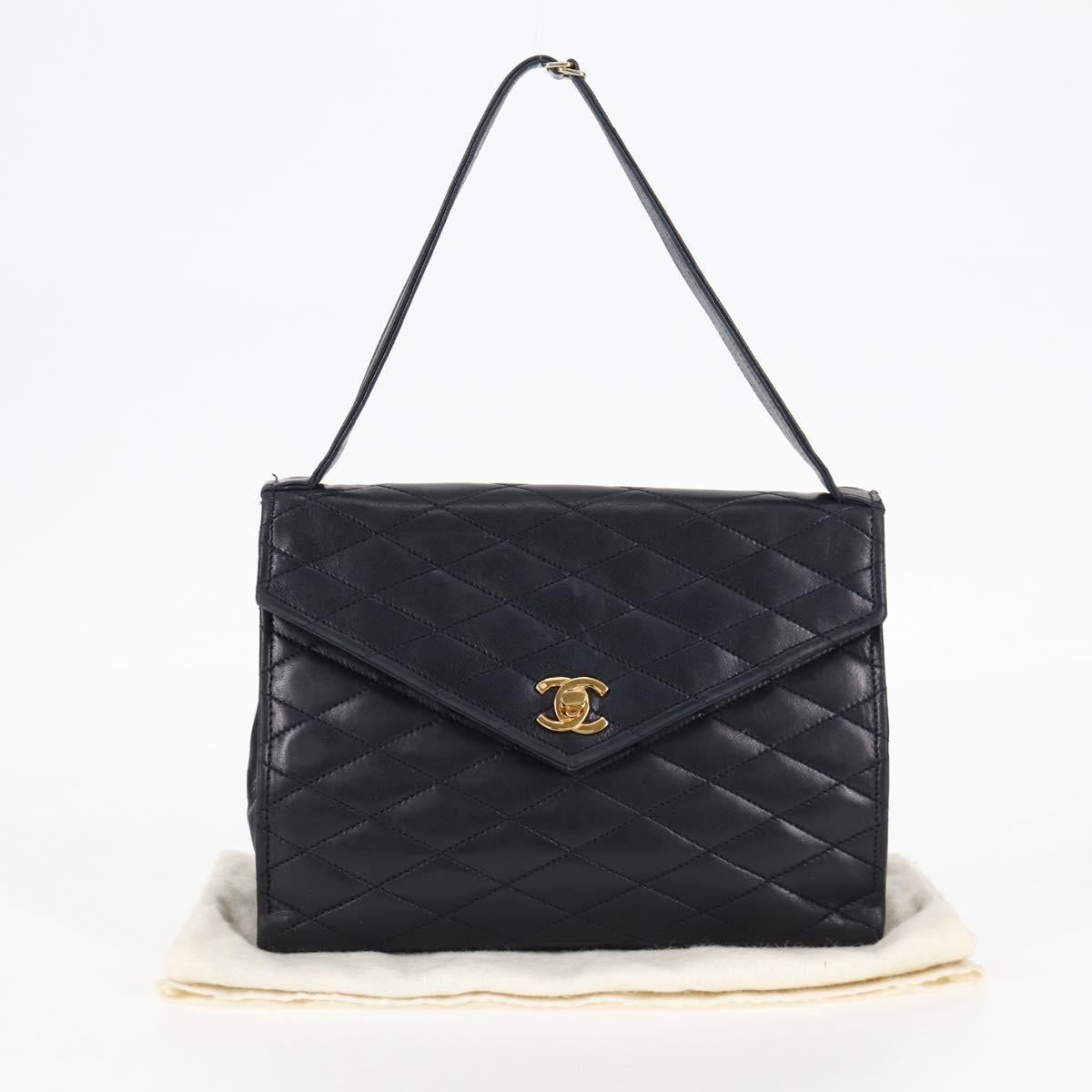 CHANEL Matelasse Hand Bag Lamb Skin Navy Gold CC Auth yk18152