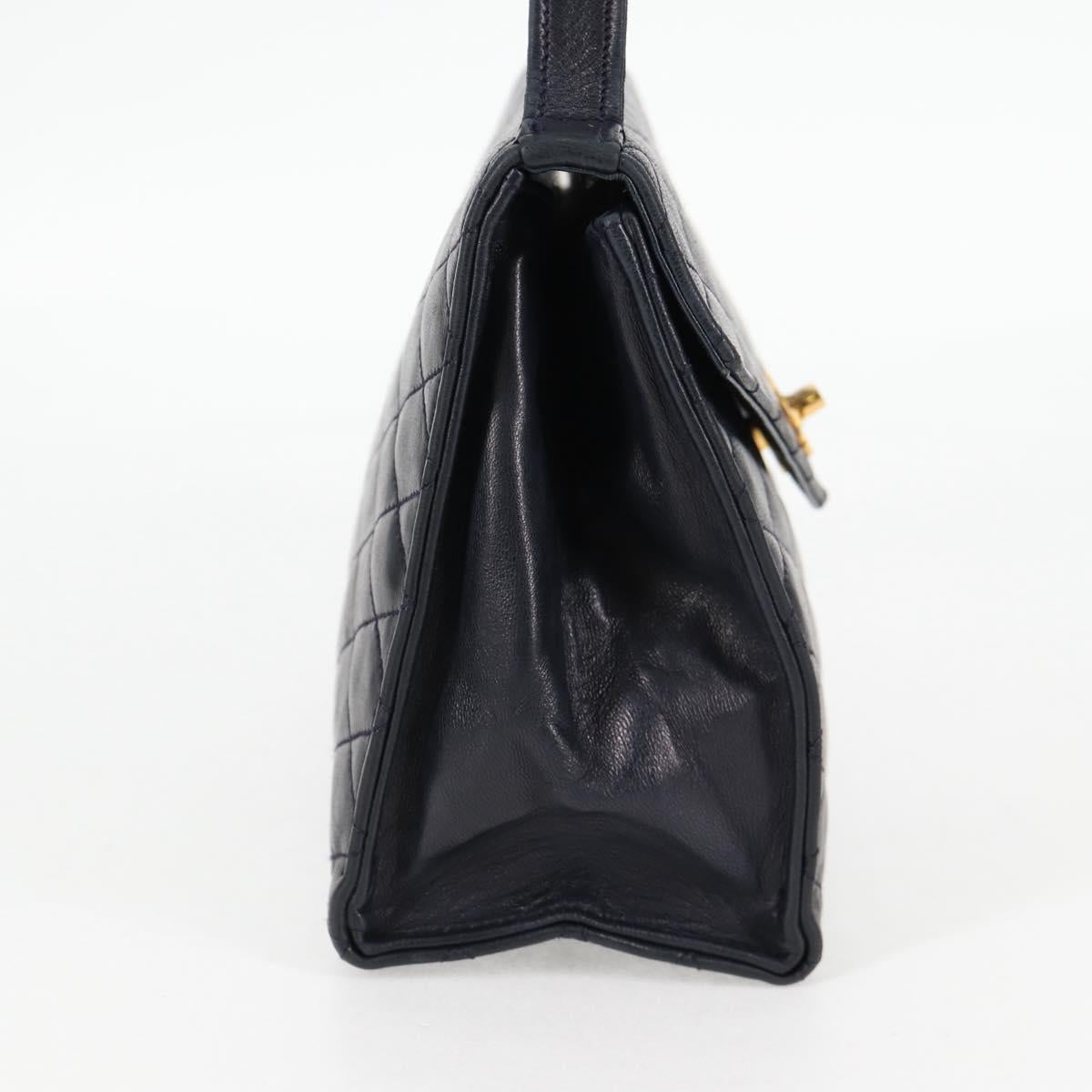 CHANEL Matelasse Hand Bag Lamb Skin Navy Gold CC Auth yk18152