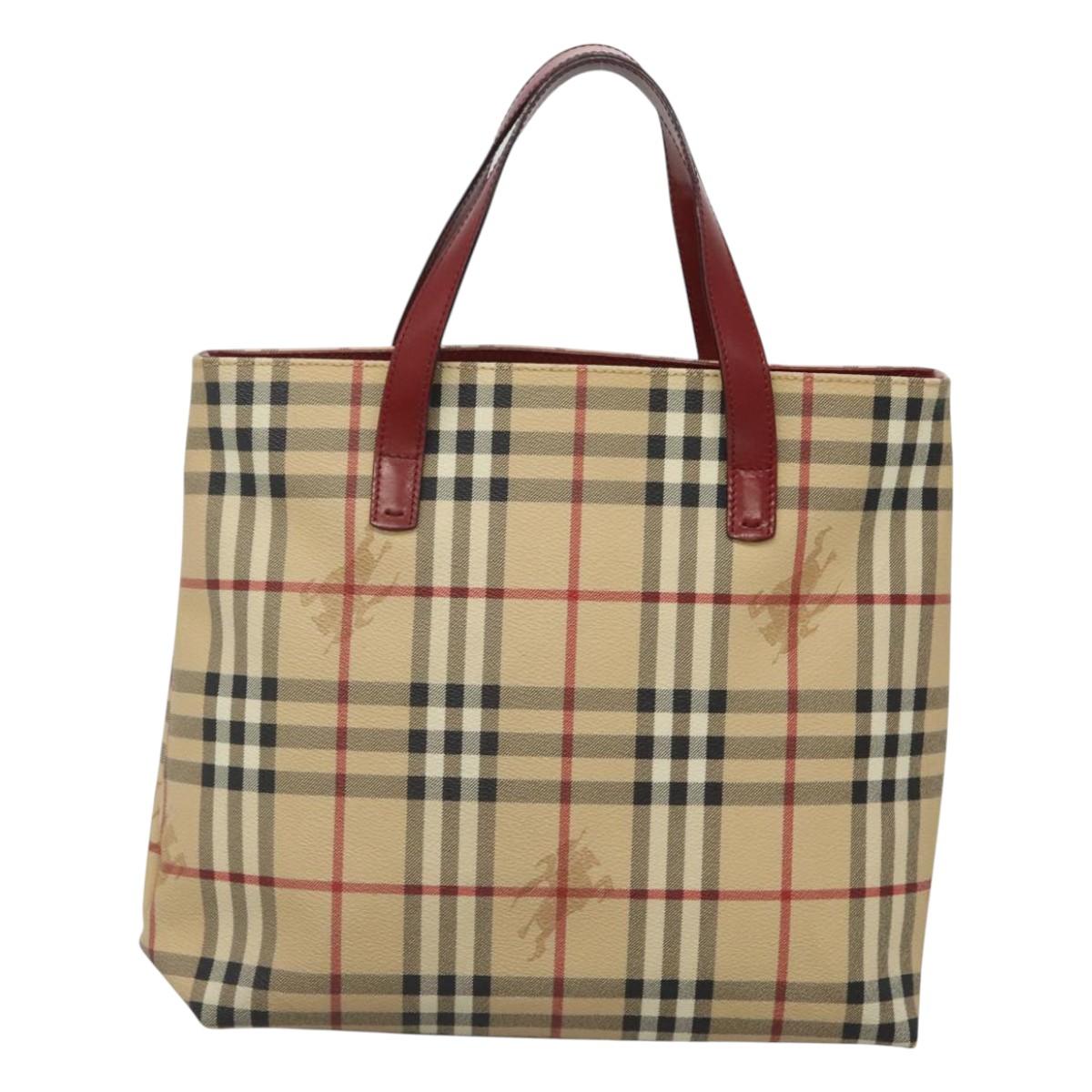 BURBERRY Nova Check Hand Bag PVC Beige Red Silver Auth yk18180