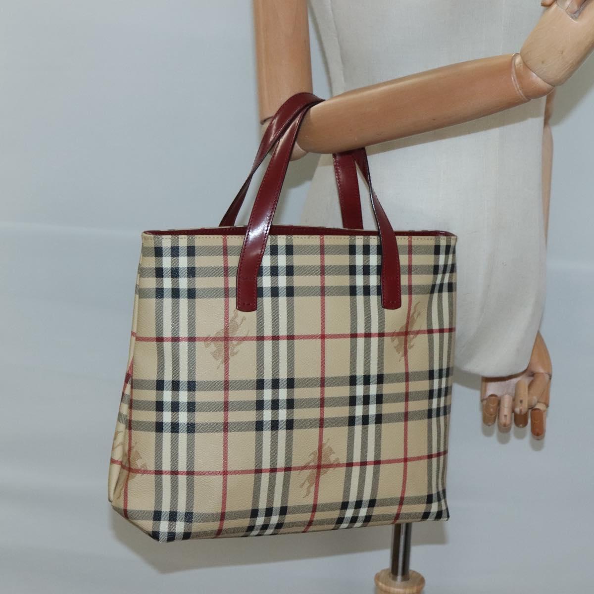 BURBERRY Nova Check Hand Bag PVC Beige Red Silver Auth yk18180