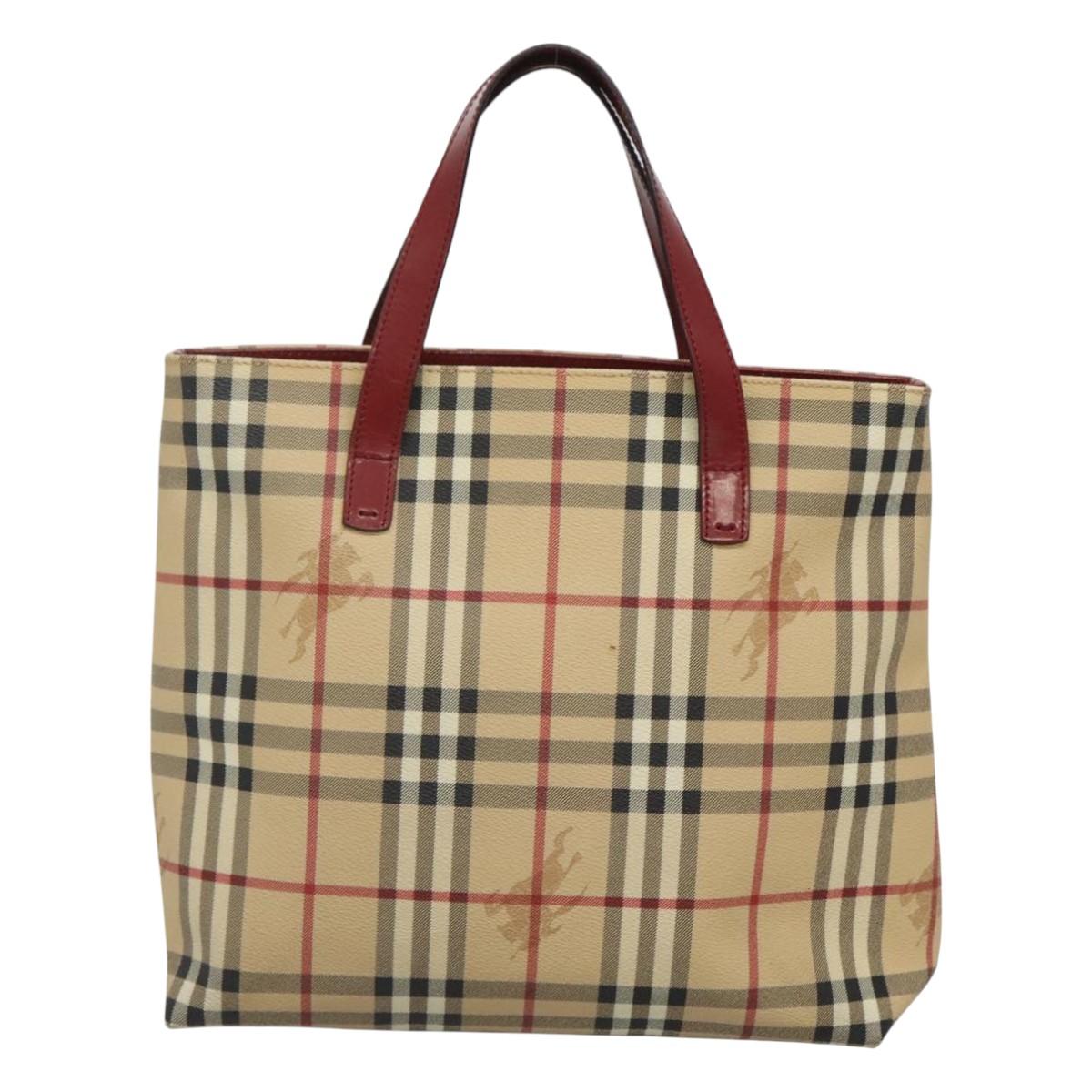 BURBERRY Nova Check Hand Bag PVC Beige Red Silver Auth yk18180