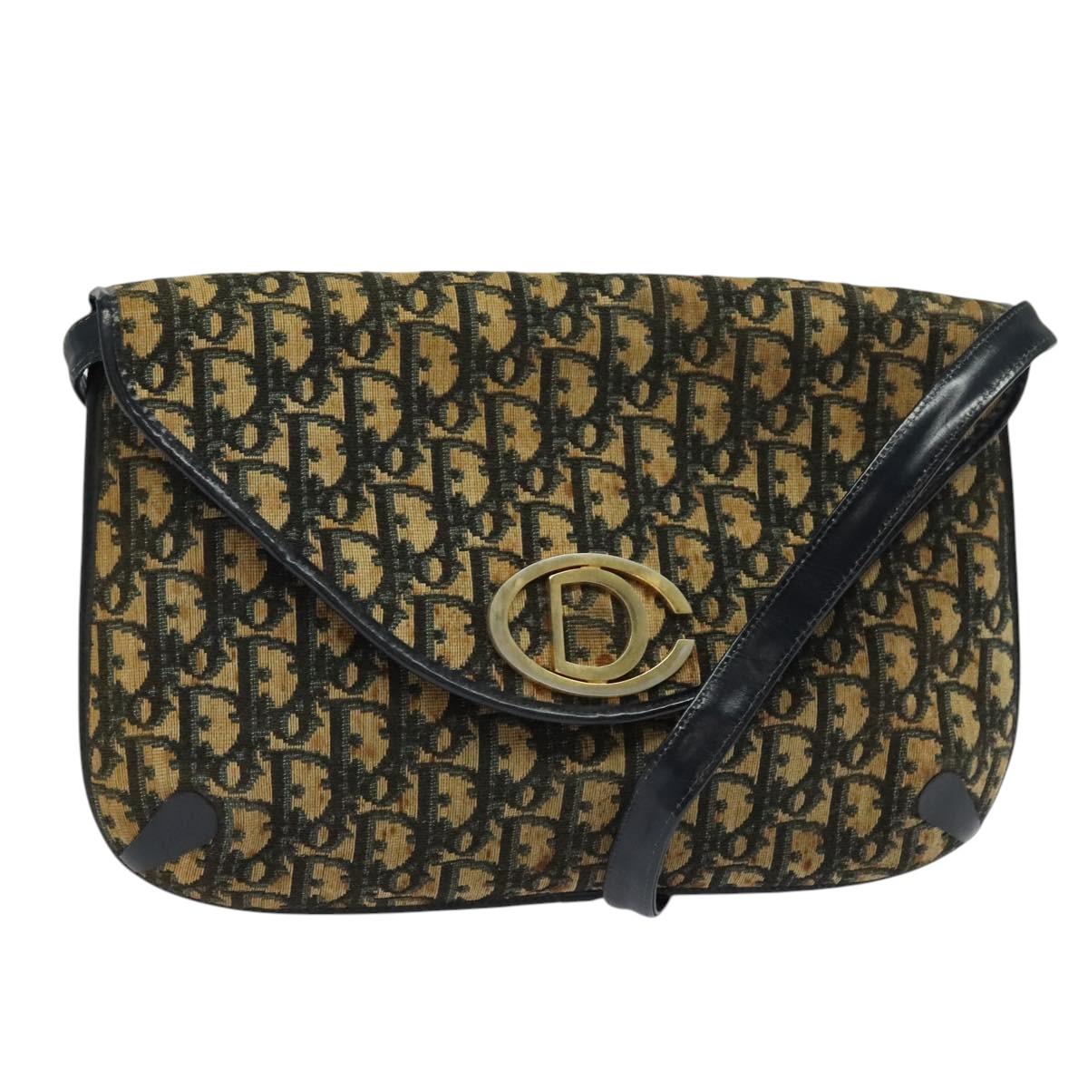 Christian Dior Trotter Canvas Shoulder Bag Navy Gold Auth yk18204