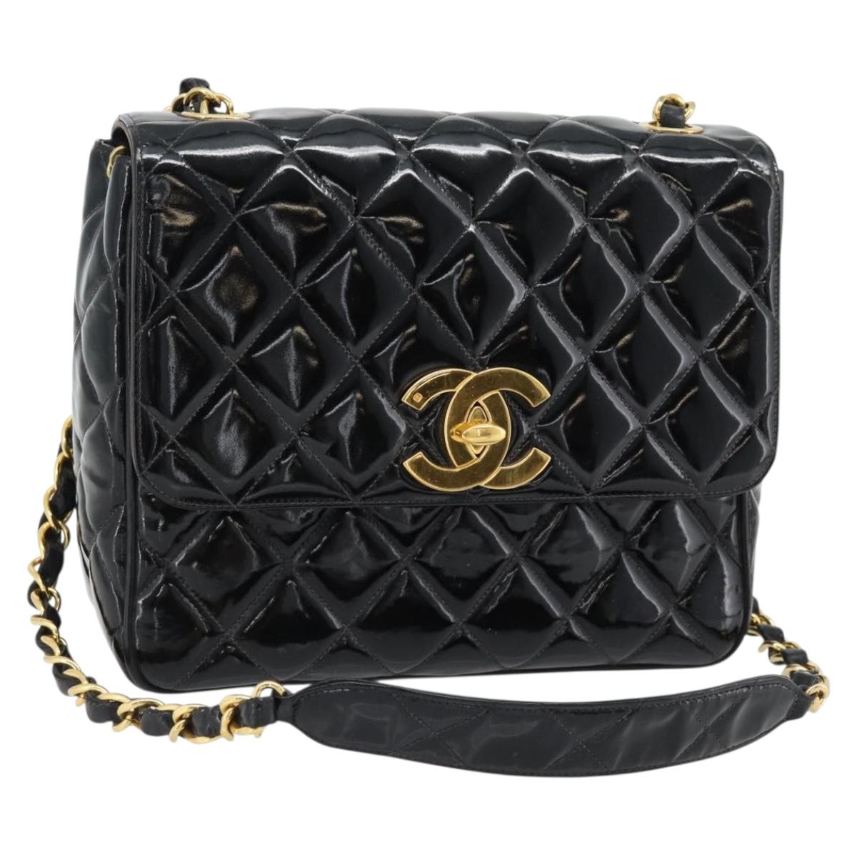 CHANEL Matelasse Chain Shoulder Bag Patent leather Black Gold CC Auth yk18276