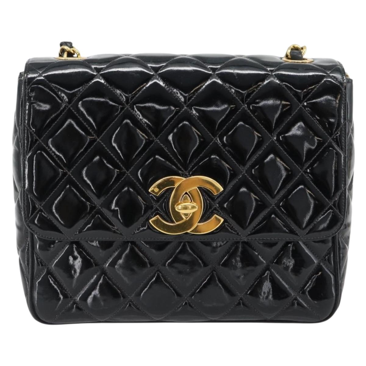 CHANEL Matelasse Chain Shoulder Bag Patent leather Black Gold CC Auth yk18276