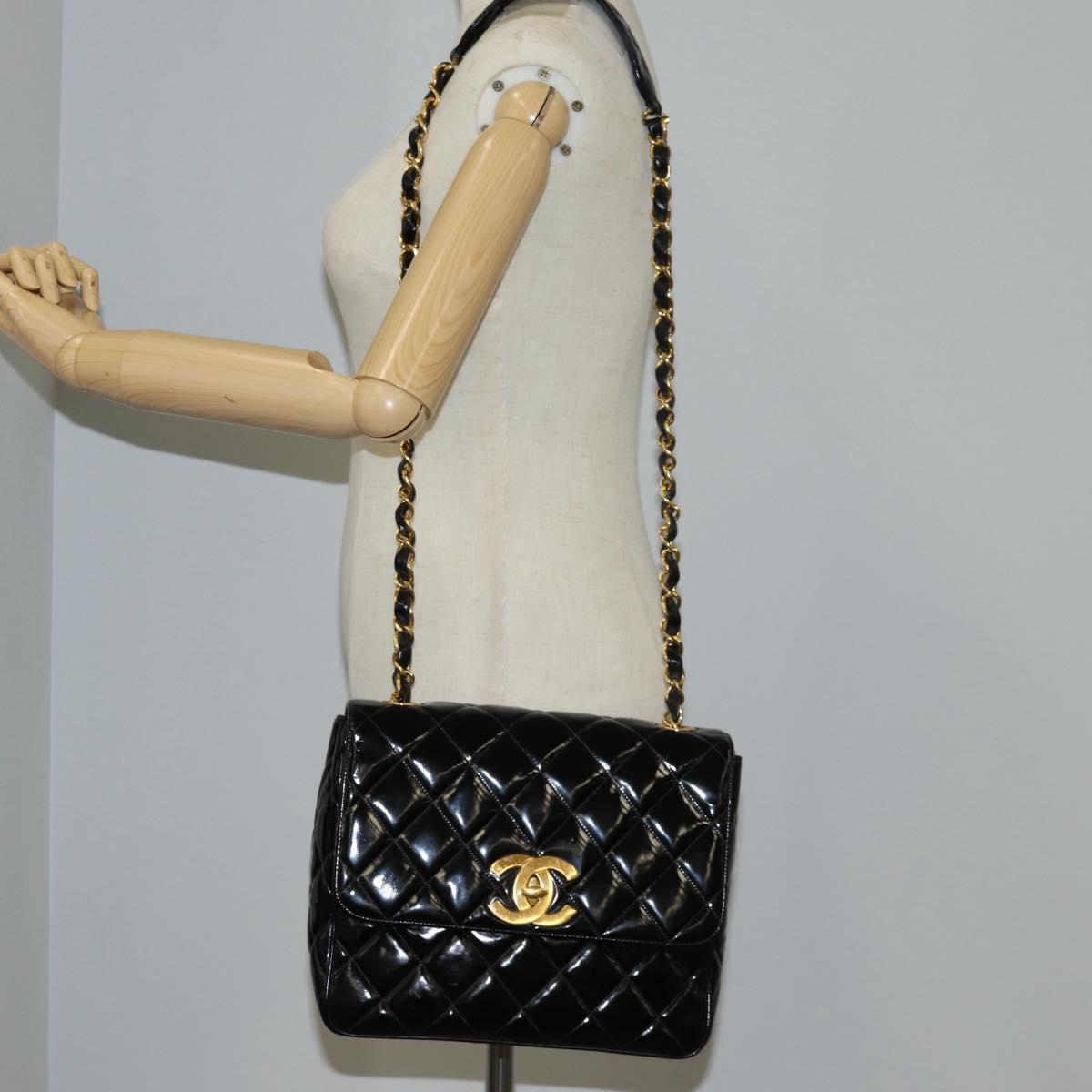 CHANEL Matelasse Chain Shoulder Bag Patent leather Black Gold CC Auth yk18276