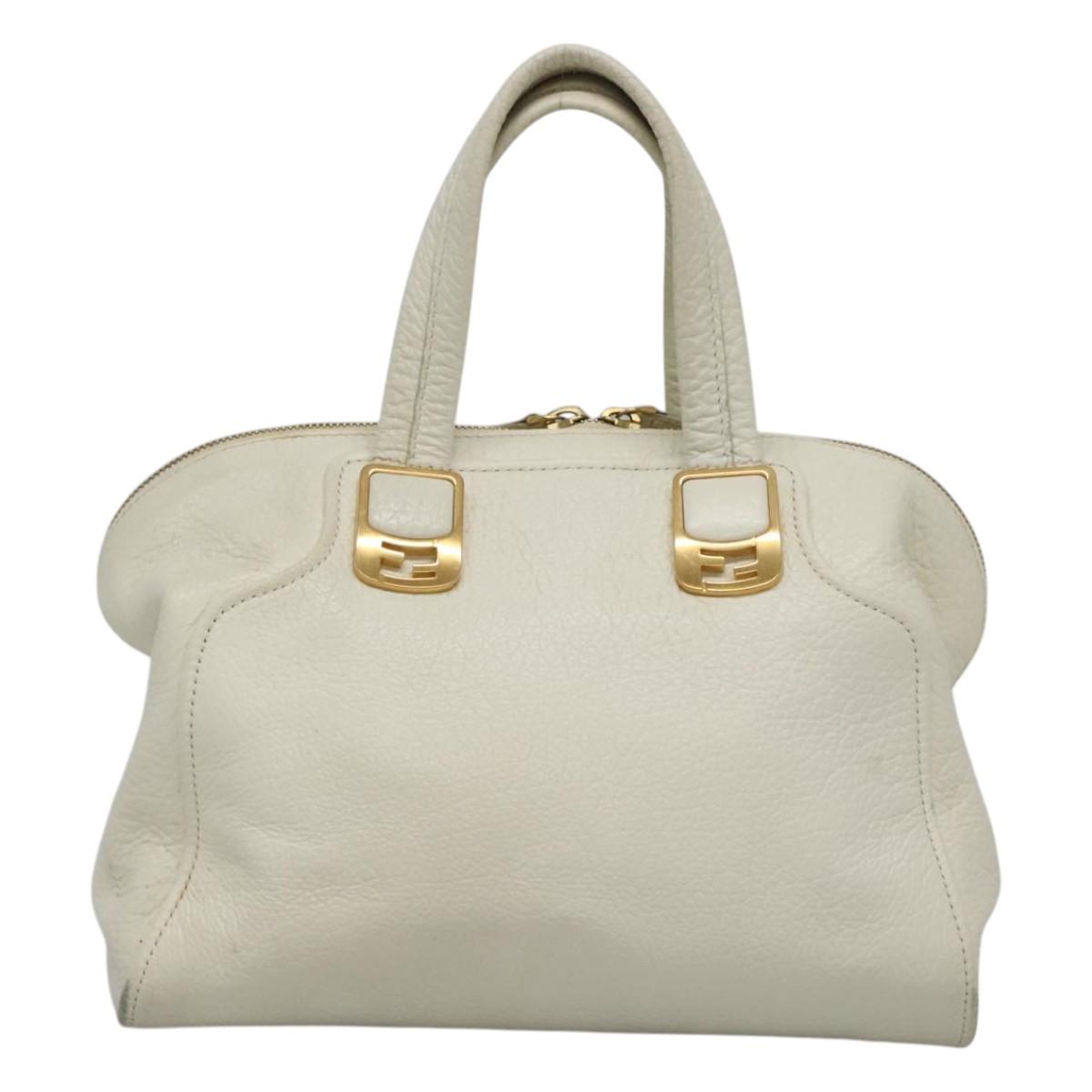 FENDI Chameleon Hand Bag Leather 2way White Gold Auth yk18403