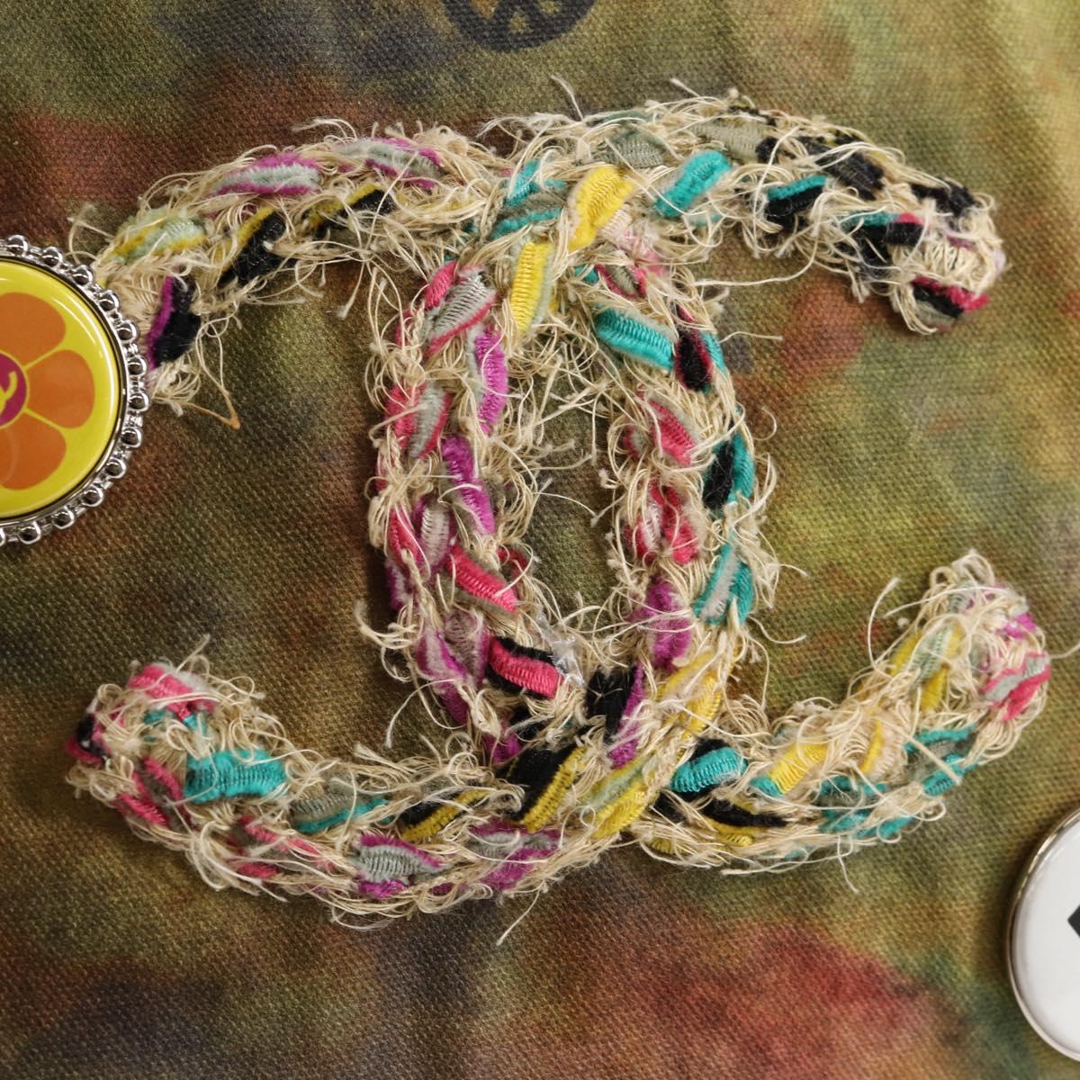 CHANEL Embroidery Graffiti Shoulder Bag Canvas Leather Khaki CC Auth yk18413SM