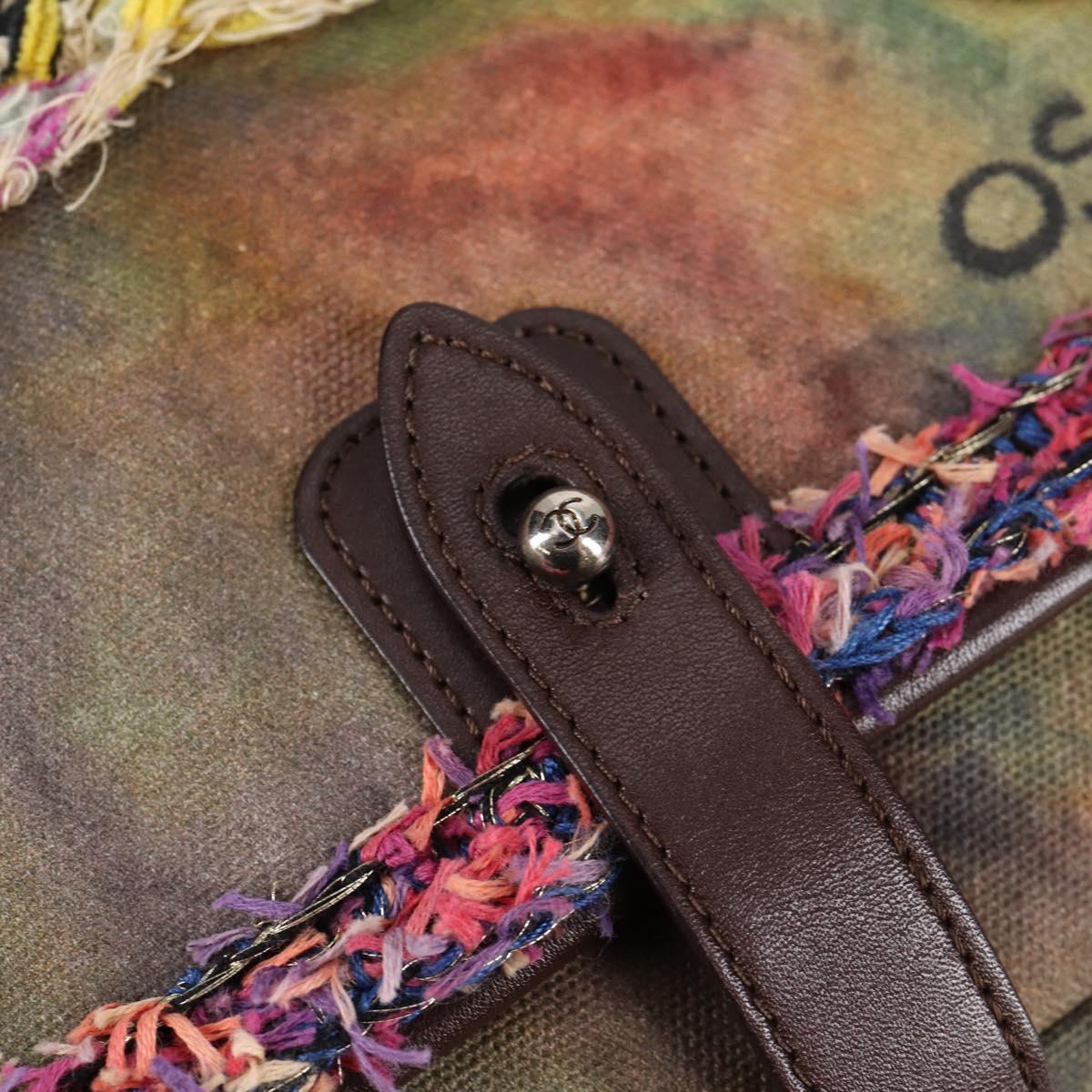 CHANEL Embroidery Graffiti Shoulder Bag Canvas Leather Khaki CC Auth yk18413SM