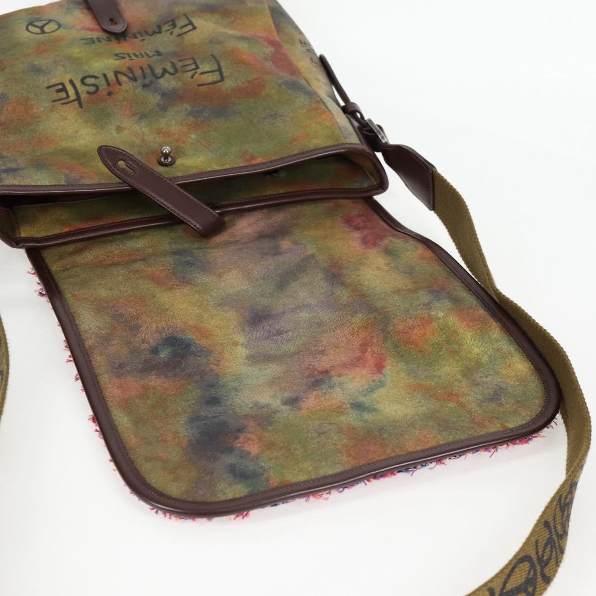 CHANEL Embroidery Graffiti Shoulder Bag Canvas Leather Khaki CC Auth yk18413SM