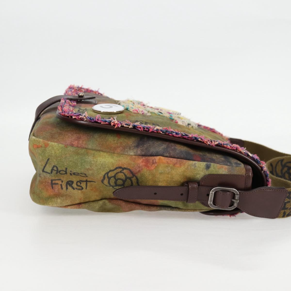 CHANEL Embroidery Graffiti Shoulder Bag Canvas Leather Khaki CC Auth yk18413SM