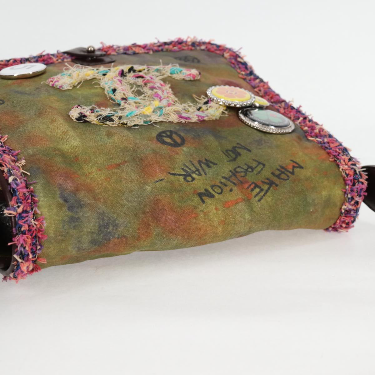 CHANEL Embroidery Graffiti Shoulder Bag Canvas Leather Khaki CC Auth yk18413SM