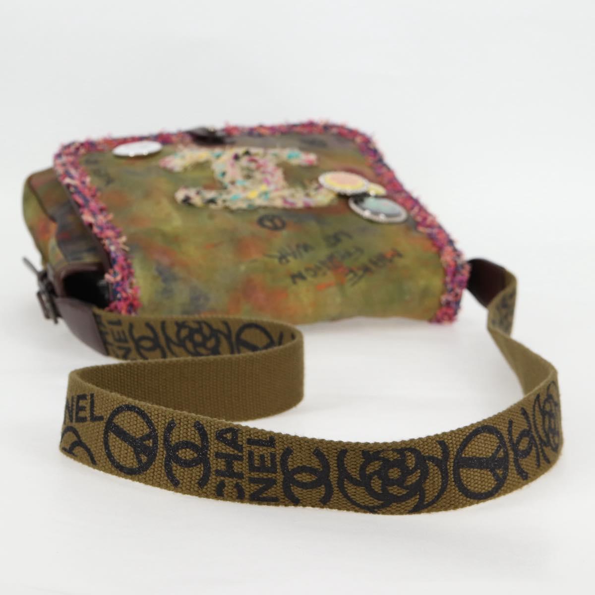 CHANEL Embroidery Graffiti Shoulder Bag Canvas Leather Khaki CC Auth yk18413SM