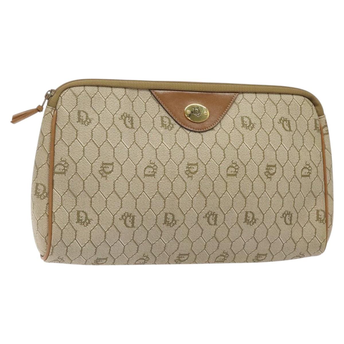 Christian Dior Honeycomb Canvas Clutch Bag PVC Beige Gold Auth yk18440