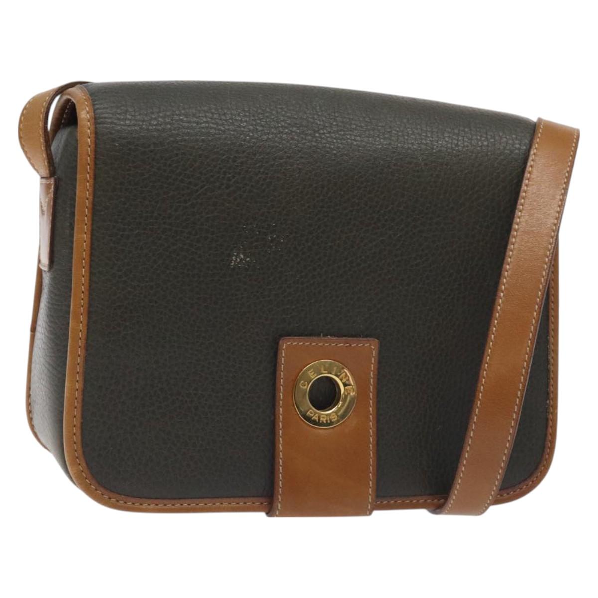 CELINE Shoulder Bag Leather Khaki Gold Auth yk18543