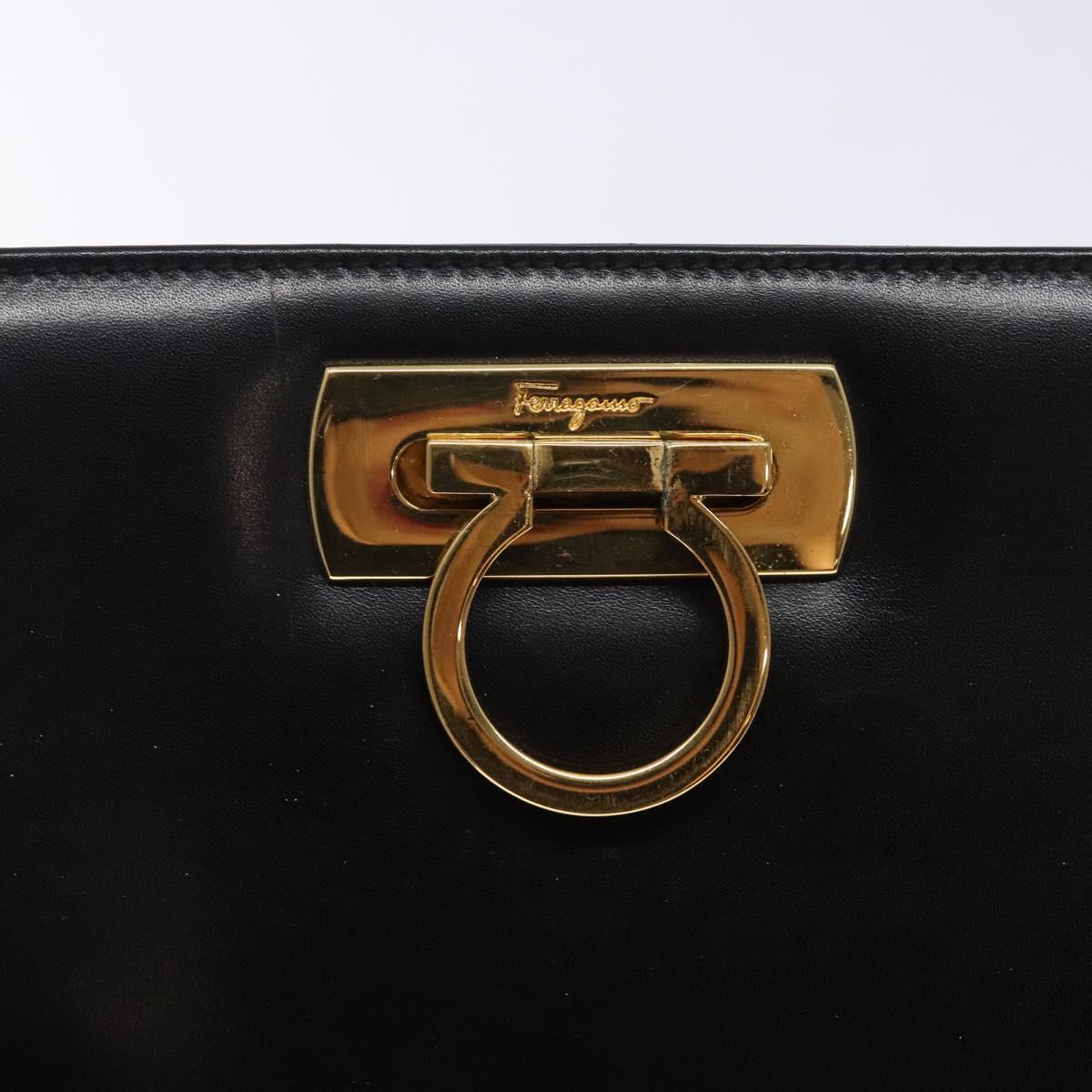 Salvatore Ferragamo Gancini Chain Shoulder Bag Leather Black Gold Auth yk18587