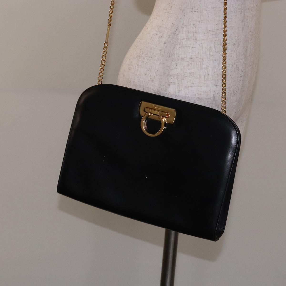Salvatore Ferragamo Gancini Chain Shoulder Bag Leather Black Gold Auth yk18587
