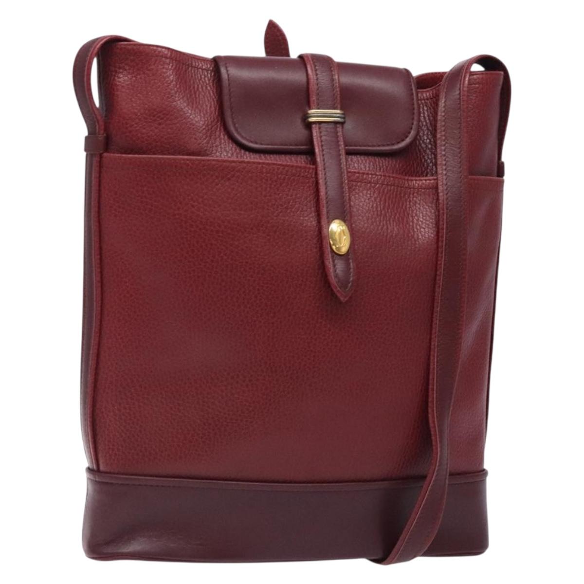 CARTIER Shoulder Bag Leather Bordeaux Gold Auth yk18612