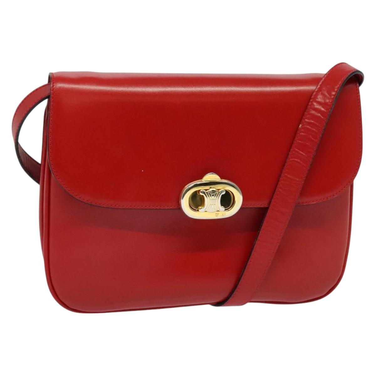 CELINE Shoulder Bag Leather Red Gold Auth yk18689
