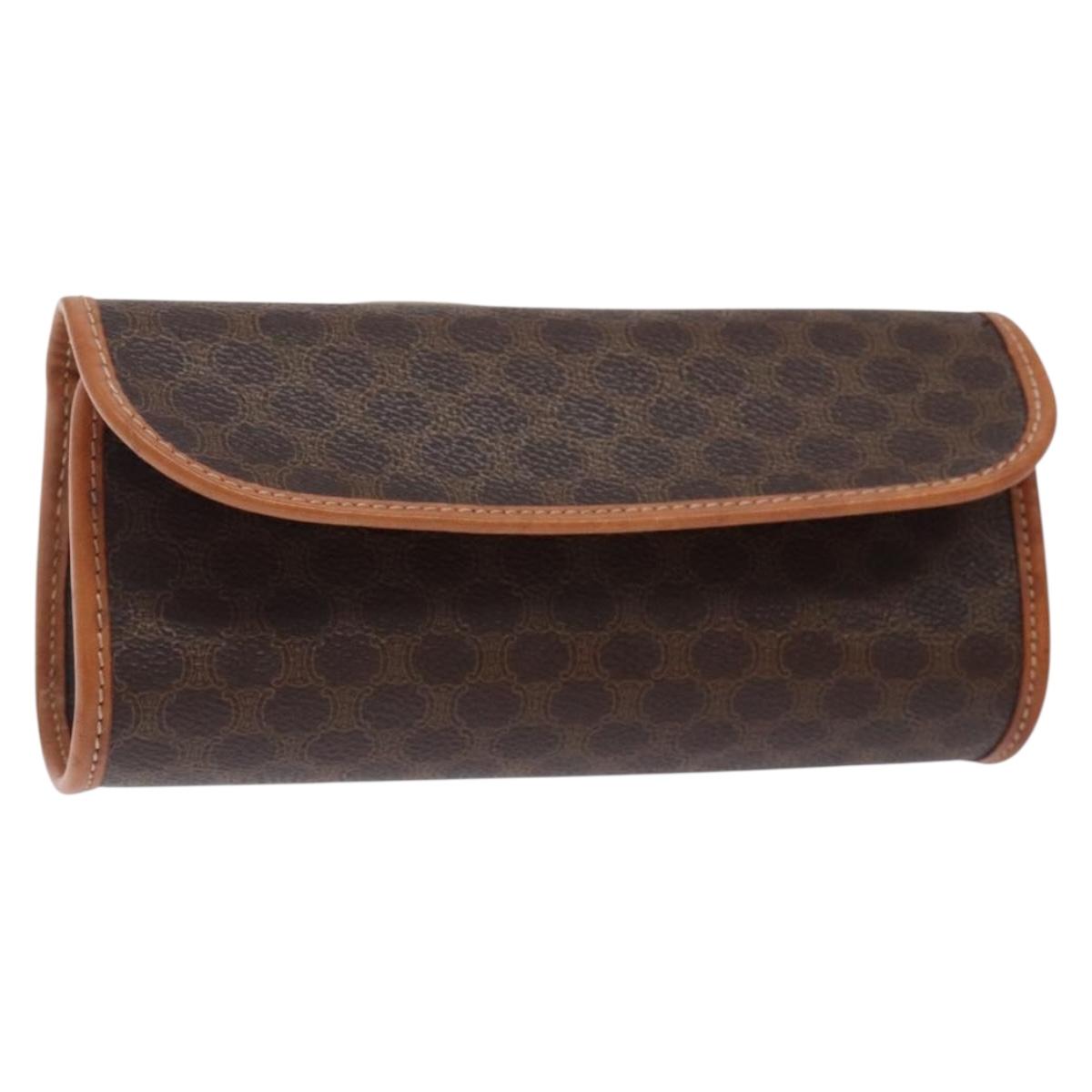 CELINE Macadam Canvas Pouch PVC Leather Brown Gold Auth yk18777
