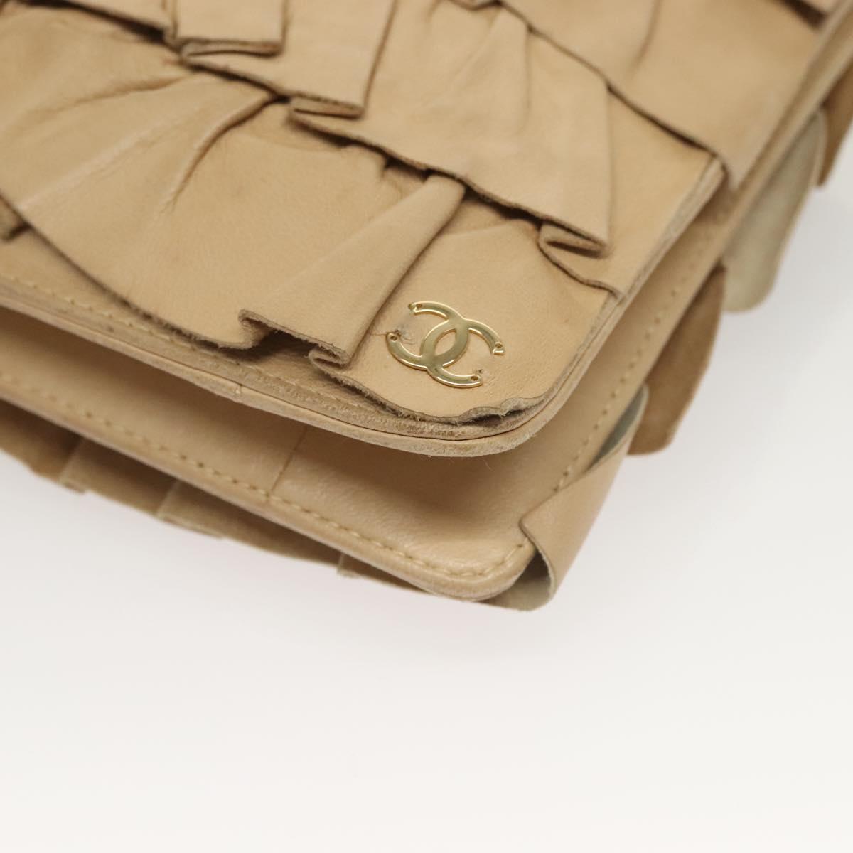 CHANEL Frill Chain Hand Bag Lamb Skin Beige Gold CC Auth yk18806