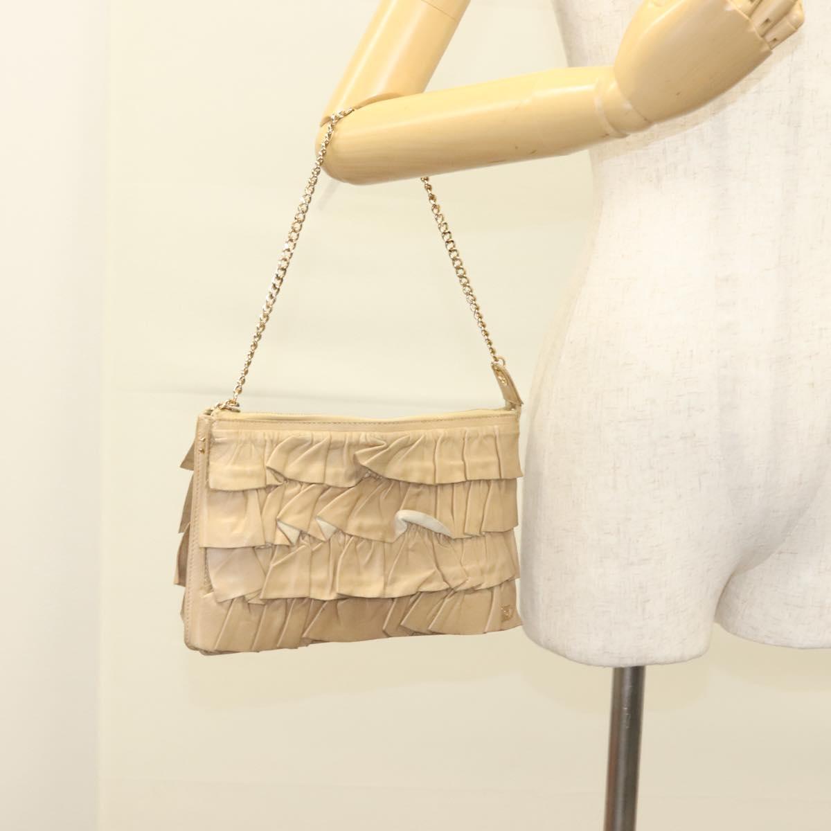 CHANEL Frill Chain Hand Bag Lamb Skin Beige Gold CC Auth yk18806