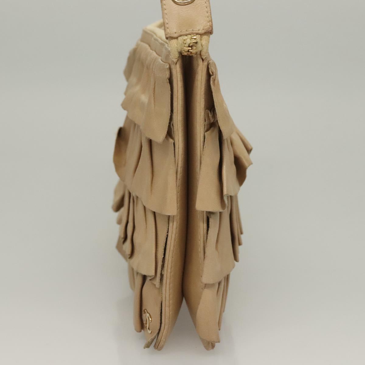 CHANEL Frill Chain Hand Bag Lamb Skin Beige Gold CC Auth yk18806