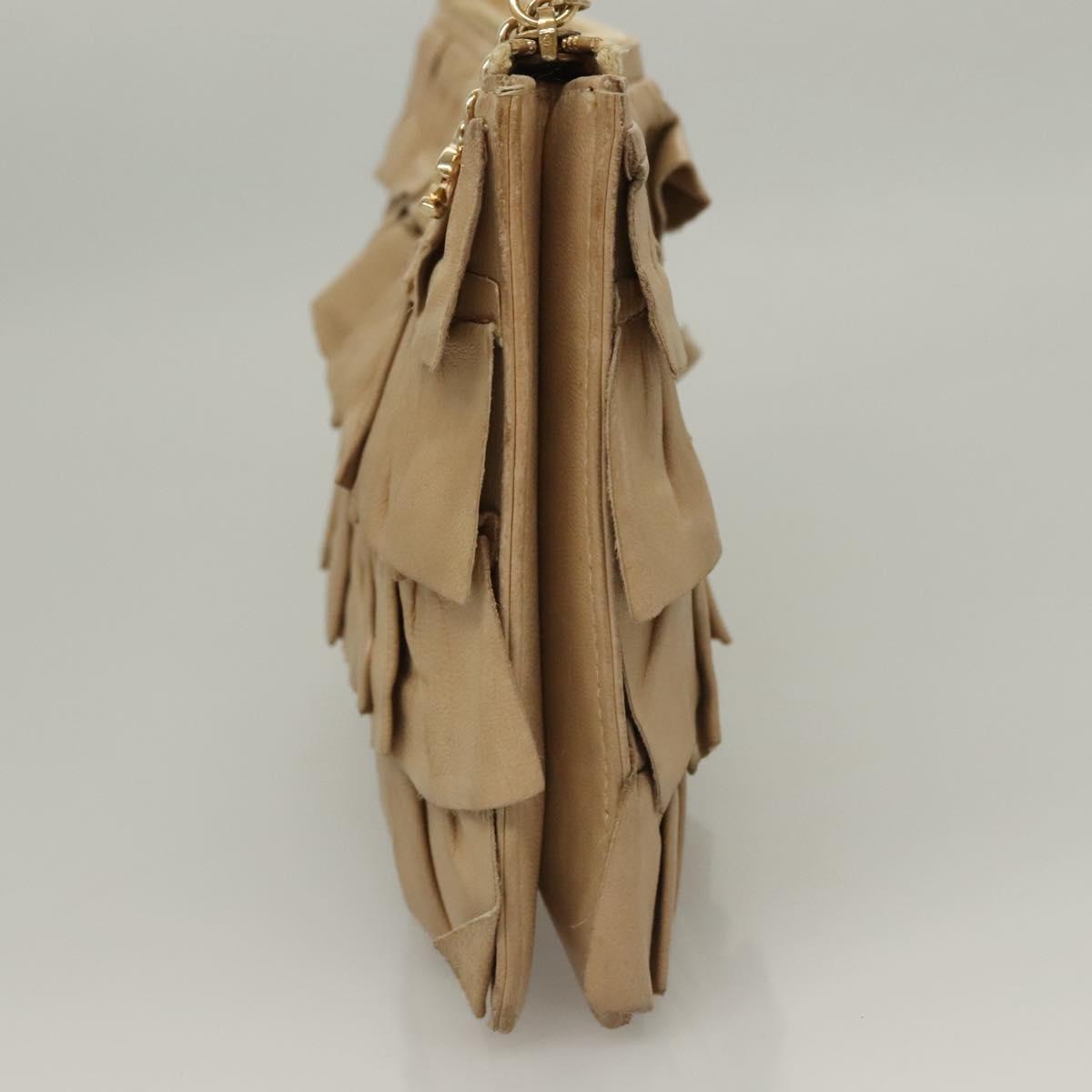 CHANEL Frill Chain Hand Bag Lamb Skin Beige Gold CC Auth yk18806