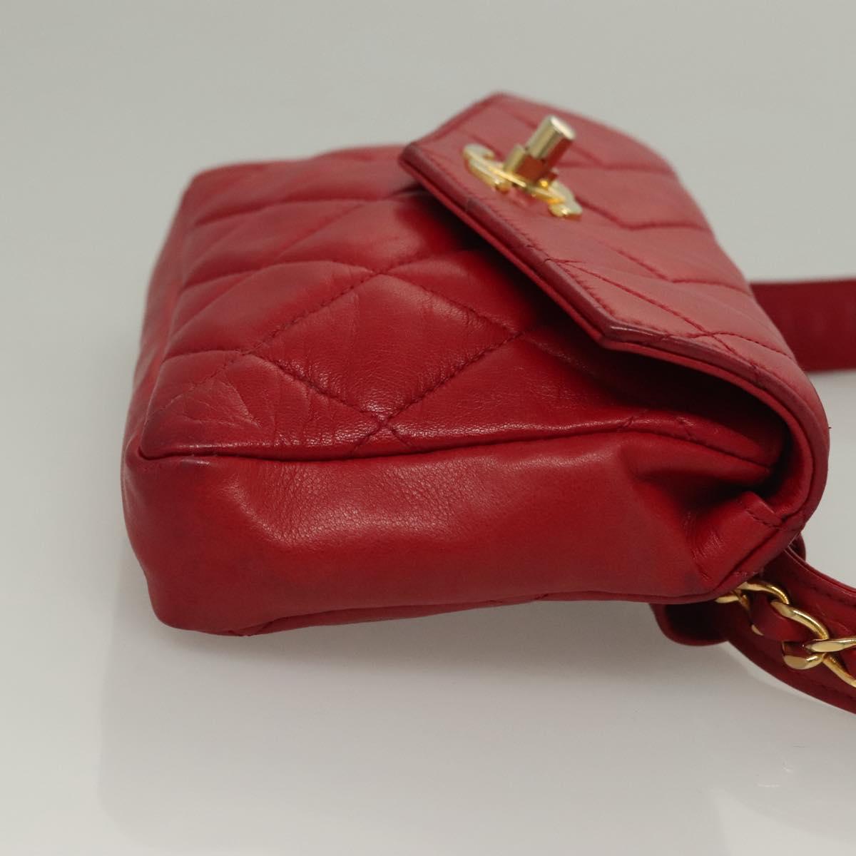 CHANEL Matelasse Chain Waist bag Lamb Skin Red Gold CC Auth yk18848