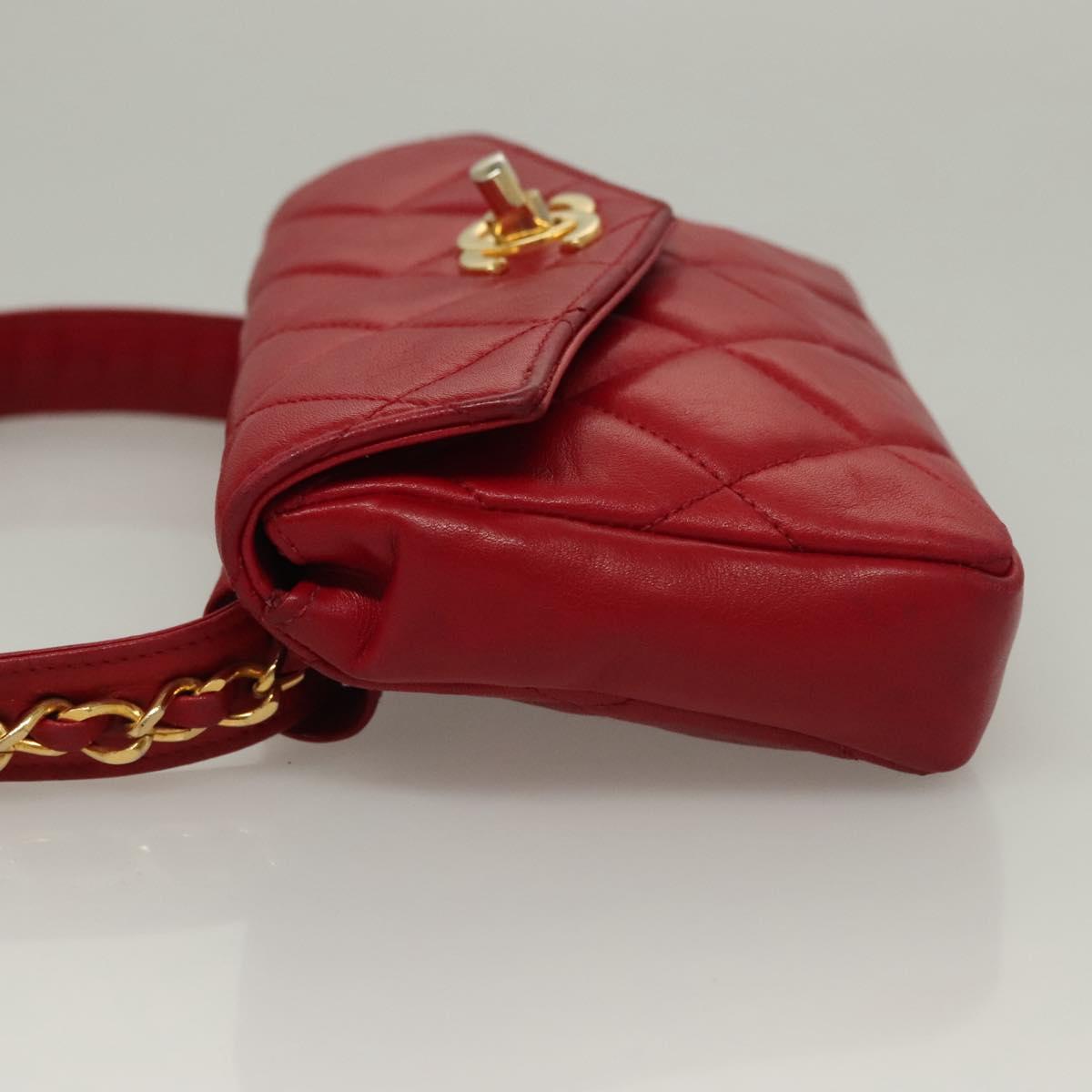 CHANEL Matelasse Chain Waist bag Lamb Skin Red Gold CC Auth yk18848