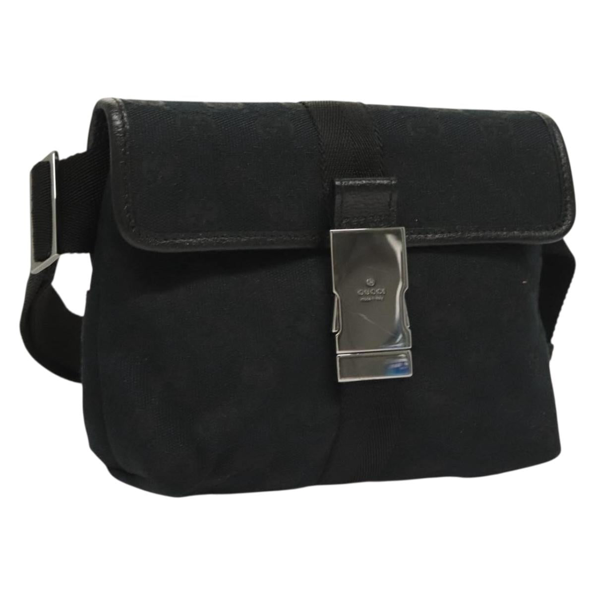 GUCCI GG Canvas Waist Bag Black Silver 131236 Auth yk18870