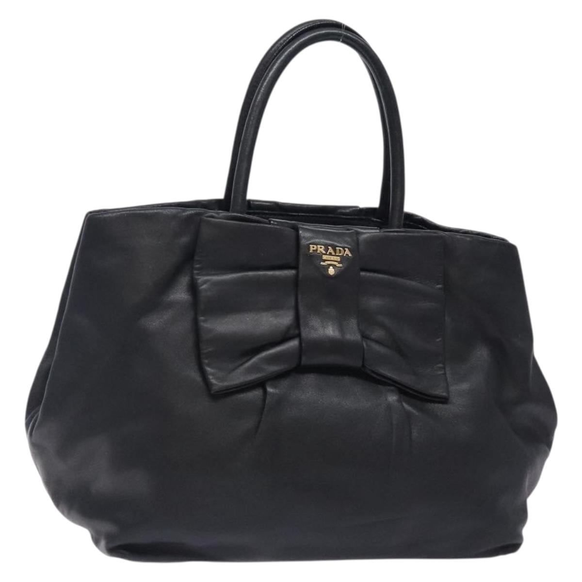 PRADA Ribbon Hand Bag Leather Black Gold Auth yk18879