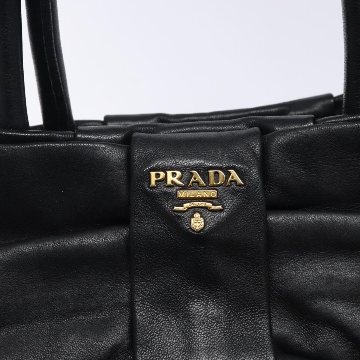 PRADA Ribbon Hand Bag Leather Black Gold Auth yk18879