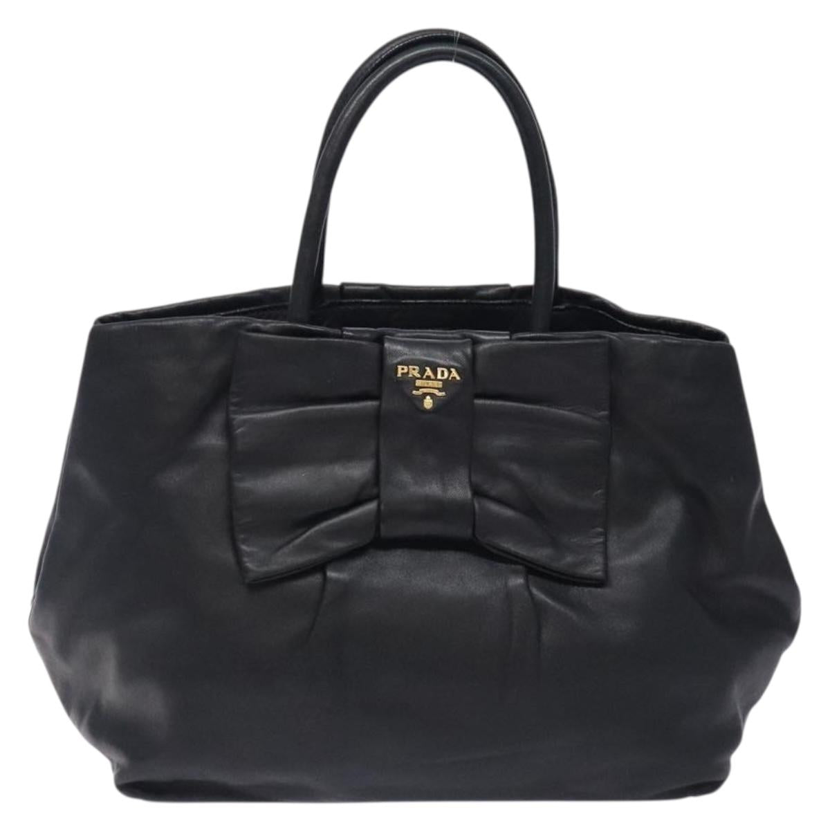 PRADA Ribbon Hand Bag Leather Black Gold Auth yk18879