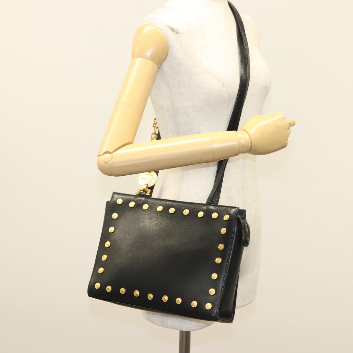 VERSACE Shoulder Bag Leather Black Gold Auth yk18934