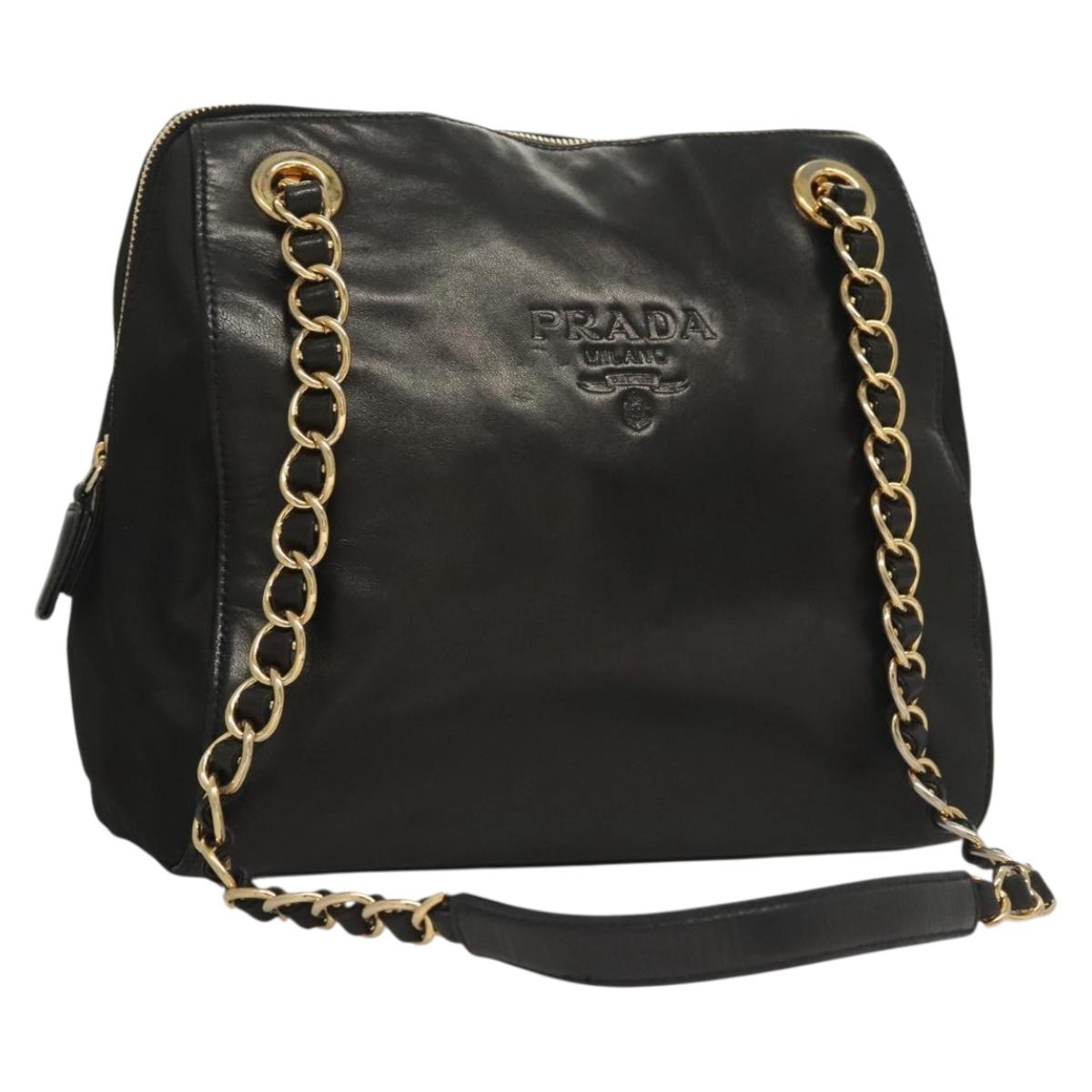 PRADA Chain Shoulder Bag Leather Black Gold Auth yk18939