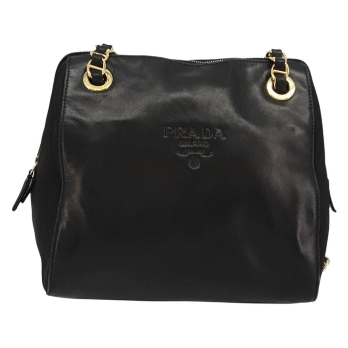 PRADA Chain Shoulder Bag Leather Black Gold Auth yk18939