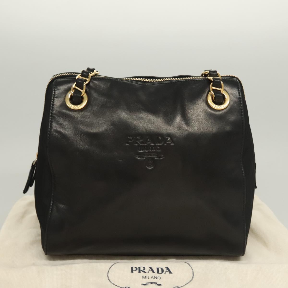 PRADA Chain Shoulder Bag Leather Black Gold Auth yk18939