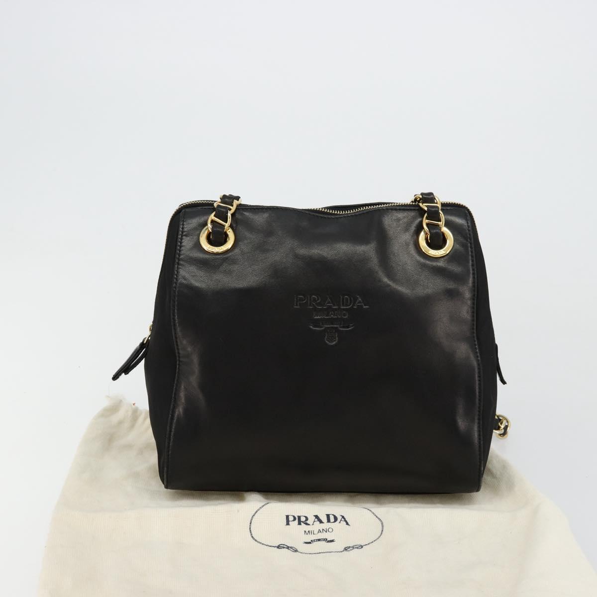 PRADA Chain Shoulder Bag Leather Black Gold Auth yk18939