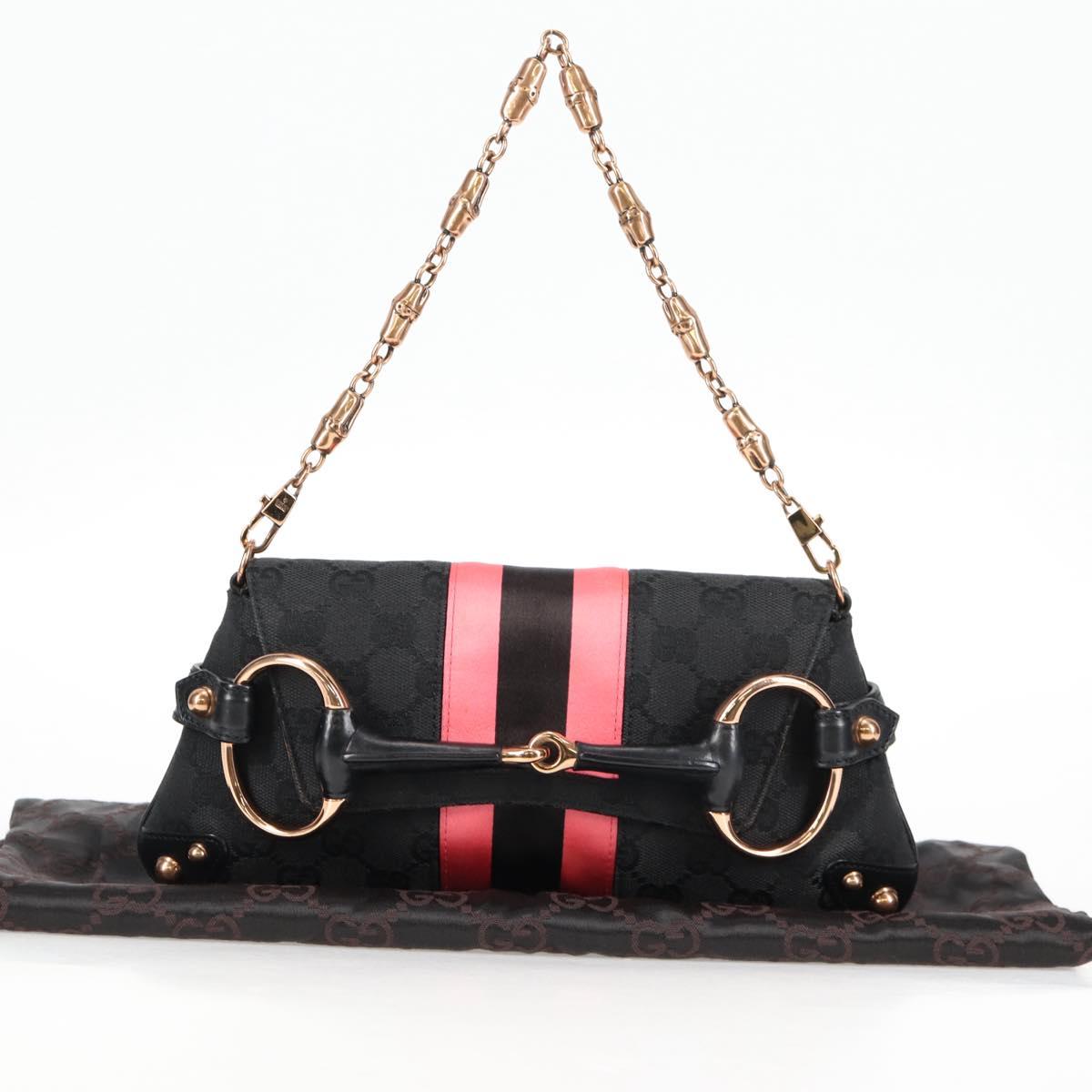 GUCCI GG Canvas Bamboo Chain Horsebit Hand Bag Black Gold 129497 Auth yk18998V