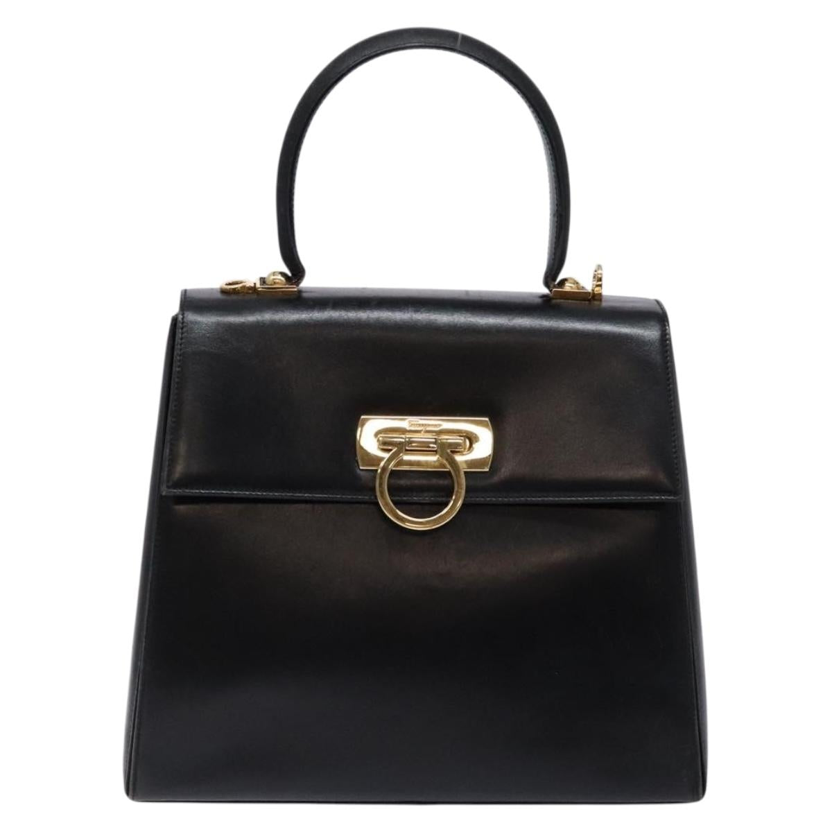 Salvatore Ferragamo Gancini Hand Bag Leather Black Gold Auth yk19008