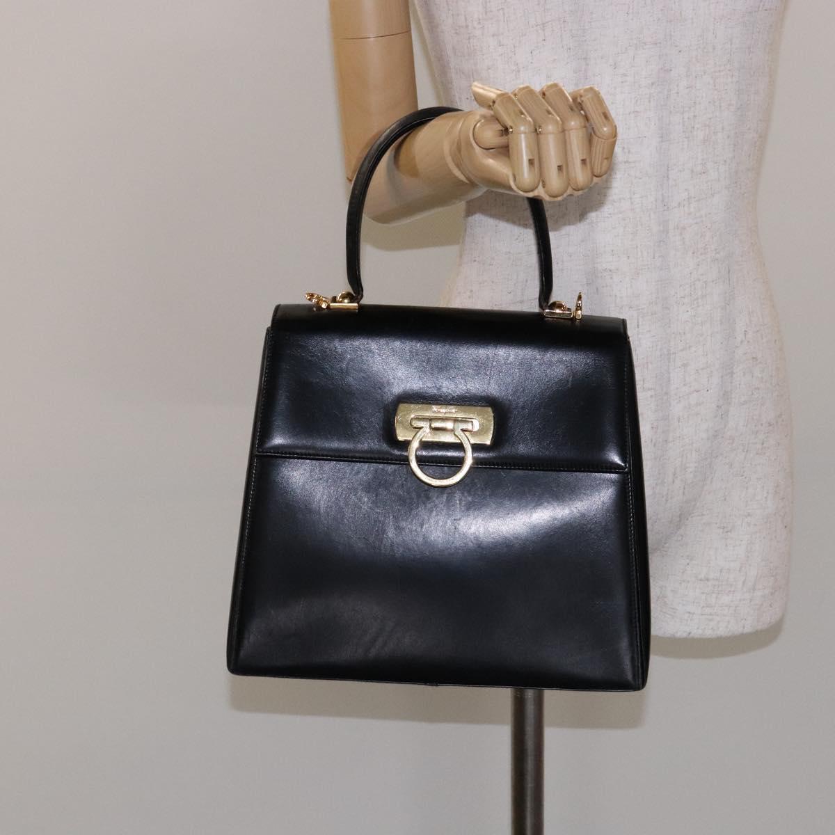 Salvatore Ferragamo Gancini Hand Bag Leather Black Gold Auth yk19008